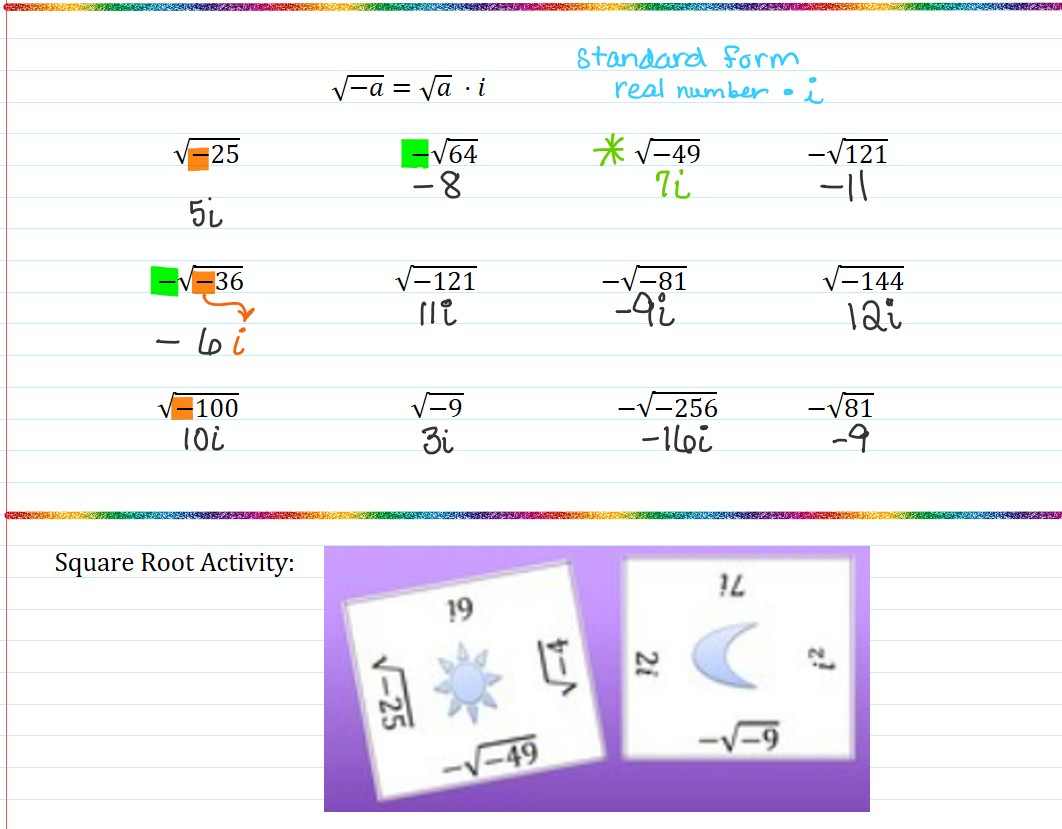 Examples from my notes. includes square root of -25