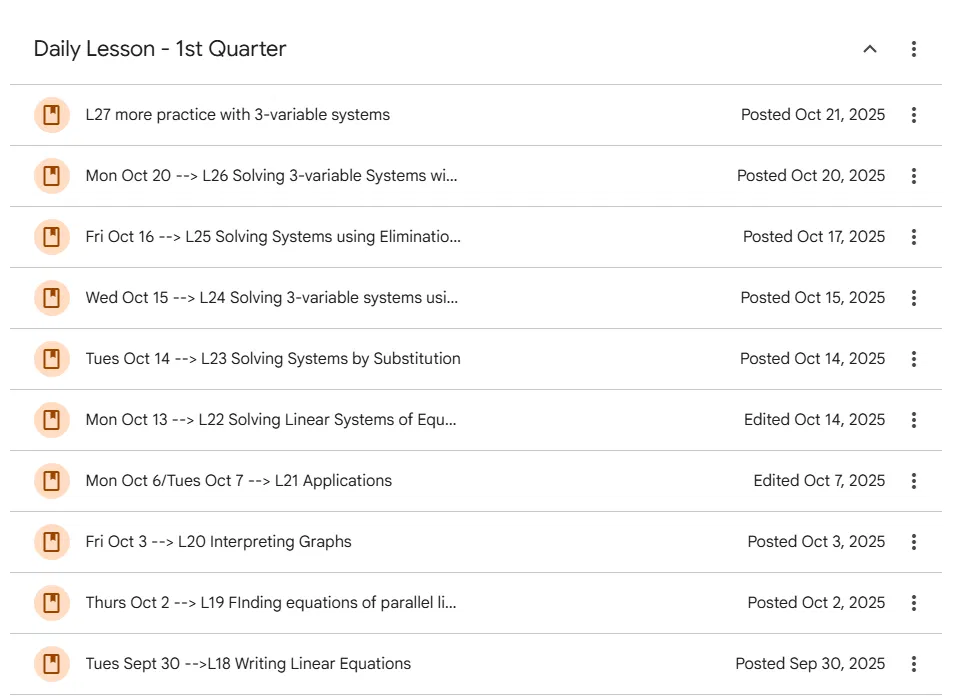 Google Classroom organization showing Resources and Daily Lesson topics list